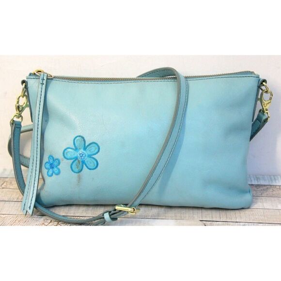 Fossil EMBROIDERED BLUE GENUINE LEATHER CROSSBODY SHOULDER BAG MESSENGER BAG - Picture 2 of 10